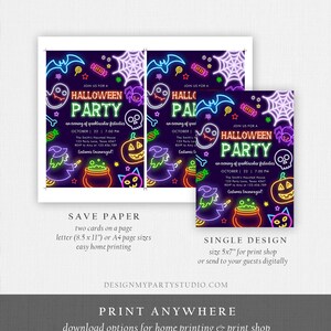 May include: Halloween party invitations with a neon design. The invitations feature a purple background with neon illustrations of ghosts, bats, spiders, and pumpkins. The text reads "Halloween Party" with event details. Available in single and save paper designs.