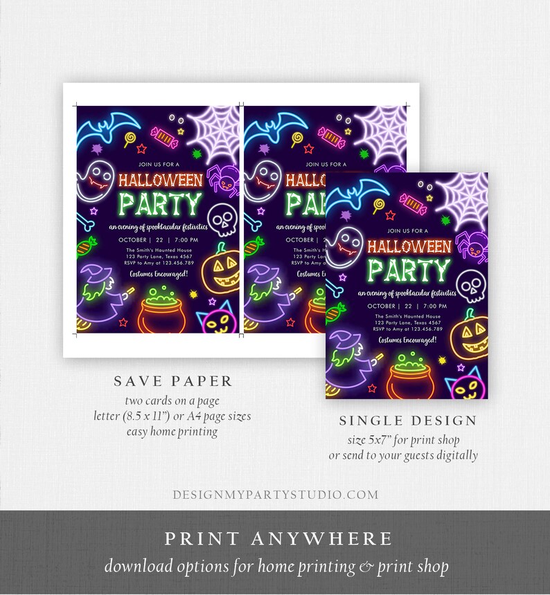 May include: Halloween party invitations with a neon design. The invitations feature a purple background with neon illustrations of ghosts, bats, spiders, and pumpkins. The text reads "Halloween Party" with event details. Available in single and save paper designs.
