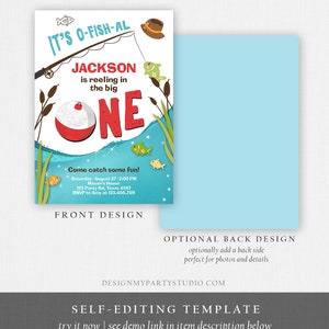 Editable First Birthday Fishing Invitation Fishing Party the Big One O ...