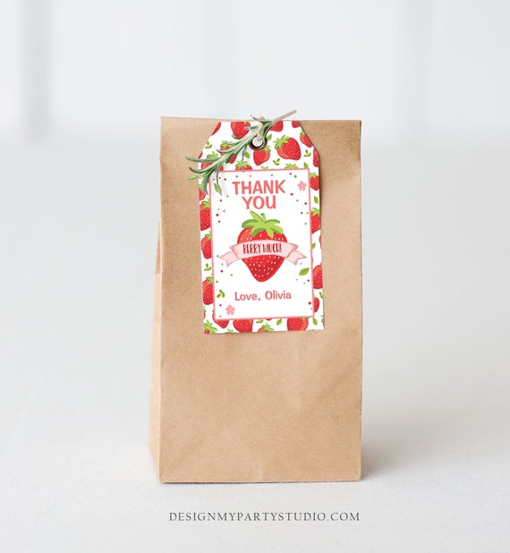 Editable Strawberry Favor Tags Strawberry Birthday Thank you tags Label Berry  Much Gift tags Farmers Market Template PRINTABLE Corjl 0091 by Design My  Party Studio | Catch My Party