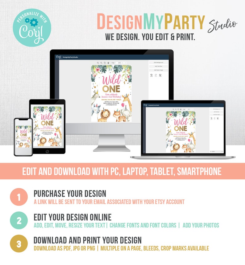 May include: A digital design template for a wild one birthday party invitation. The template features a pink and gold colour scheme with a jungle animal theme. The text on the template reads "Wild One".
