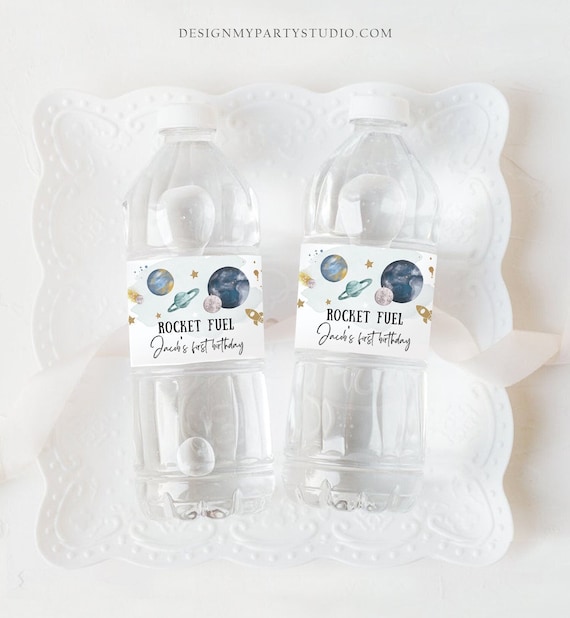 Editable Outer Space Water Bottle Label Galaxy Party Decor Space Birthday Rocket Fuel Label Planets Digital Download Template Printable 0357