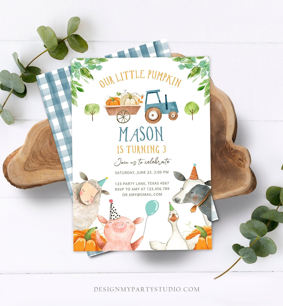 Editable Farm Birthday Invitation Pumpkin Boy Farm Animals Boy Barnyard ...
