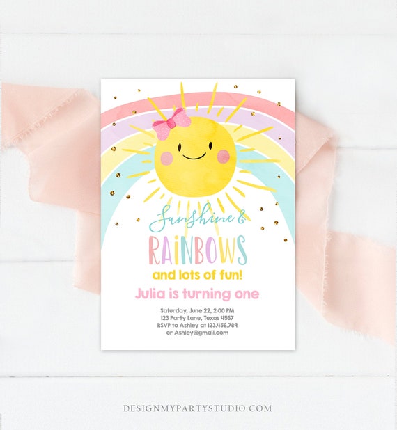 Editable Sunshine and Rainbow Birthday Invitation Pastel Rainbow Birthday Sunshine 1st Birthday Party Girl Download Corjl Template 0402 Il_570xn