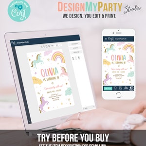 May include: A computer screen displaying a customizable invitation template for a unicorn-themed birthday party. The invitation features a rainbow, clouds, and unicorns. The text on the invitation reads "Olivia is turning 8!" and "Come party with us!"