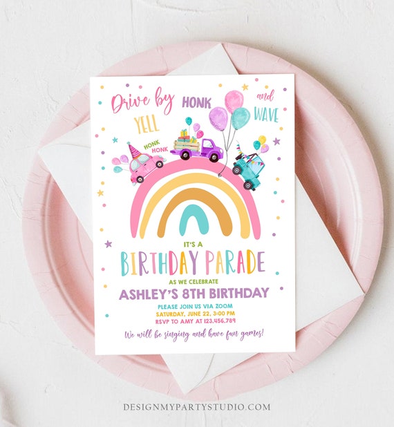 Editable Rainbow Drive By Birthday Parade Invitation Virtual Party Invite Honk Wave Car Girl Pink Quarantine Download Digital Corjl 0333 Il_570xn