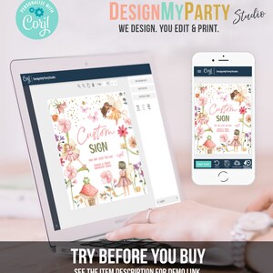 May include: A customizable fairy-themed sign with the text "Custom Sign" and the words "Add any text you like, personalize & print your own custom sign". The sign is surrounded by pink and white flowers, butterflies, and a small house. The sign is displayed on a laptop screen and a mobile phone screen.
