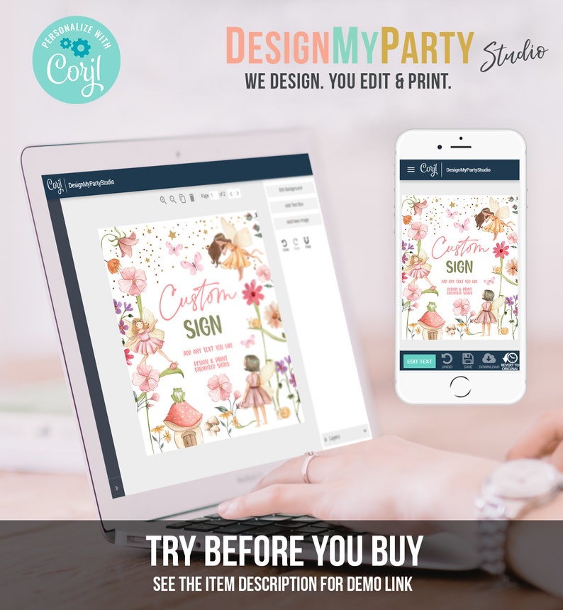 May include: A customizable fairy-themed sign with the text "Custom Sign" and the words "Add any text you like, personalize & print your own custom sign". The sign is surrounded by pink and white flowers, butterflies, and a small house. The sign is displayed on a laptop screen and a mobile phone screen.