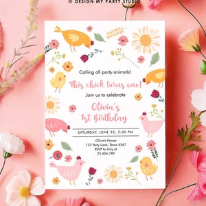 Editable Little Chick Birthday Invitation Girl Spring Birthday Party Farm Barnyard Chicken Easter Digital Download Template Printable 0446