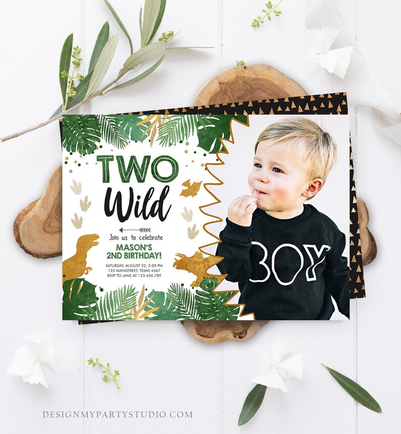 May include: A green and gold dinosaur themed birthday invitation with a photo of a young boy. The invitation says "Two Wild" and includes the text "Join us to celebrate Mason's 2nd Birthday!" with details for the party.