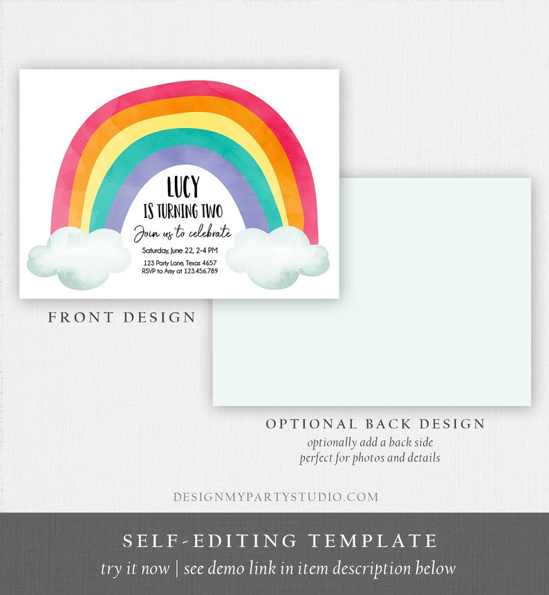 Editable Rainbow Birthday Invitation Kids Girl Boy Neutral Party Clouds Colorful Rainbow Colors Printable Corjl Template Digital 0272 image 5