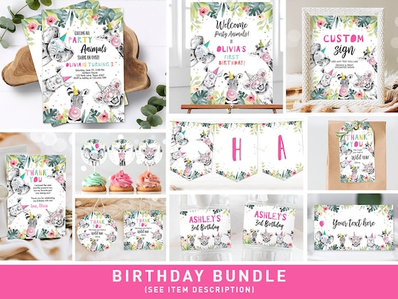 Party Animals Birthday Invitation Bundle Wild One Animals Zoo Safari Animals Girl Two Wild Party Pack Jungle Digital Template Printable 0322