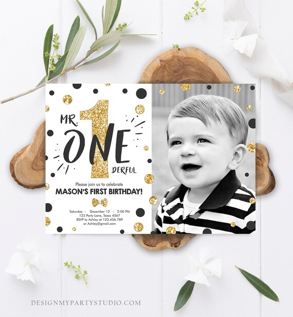 Editable Mr Onederful Birthday Invitation Black Gold Boy Bow Tie Confetti 1st Birthday Download Printable Template Digital Corjl 0072 Il_570xn