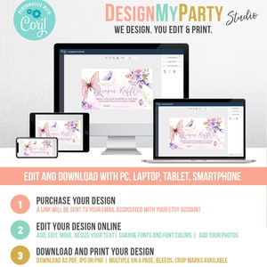 Op de afbeelding: Een digitale mockup van een printbare luierspelkaart met een vlinder- en bloemenontwerp. De kaart heeft de tekst "Diaper Raffle" en "Bring a pack of diapers, in any size, for your chance to win a prize!" De kaart wordt weergegeven op een computerscherm, een laptop, een tablet en een smartphone.