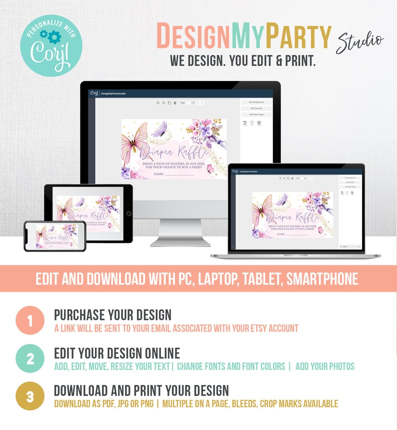 Op de afbeelding: Een digitale mockup van een printbare luierspelkaart met een vlinder- en bloemenontwerp. De kaart heeft de tekst "Diaper Raffle" en "Bring a pack of diapers, in any size, for your chance to win a prize!" De kaart wordt weergegeven op een computerscherm, een laptop, een tablet en een smartphone.