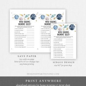 May include: A printable game card with a blue, green, and gold space theme. The card has the text "Who Knows Mommy Best?" and includes a list of questions to test how well someone knows the mother-to-be.