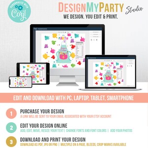 May include: A computer screen displaying a colorful printable design for a paint-themed party. The design features a child's apron with paint splatters and the text "Party!" and "Jessie is turning 6".
