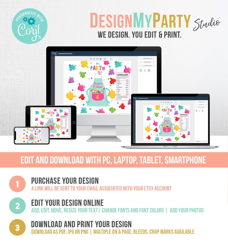 May include: A computer screen displaying a colorful printable design for a paint-themed party. The design features a child's apron with paint splatters and the text "Party!" and "Jessie is turning 6".