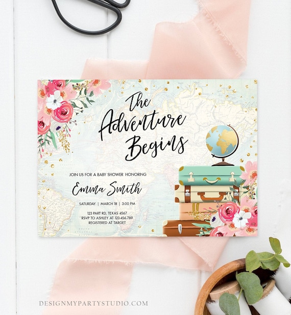 Editable The Adventure Begins Baby Shower Invitation Pink Floral Gold Confetti Suitcases Travel Around World Printable Corjl Template 0030 Il_570xn
