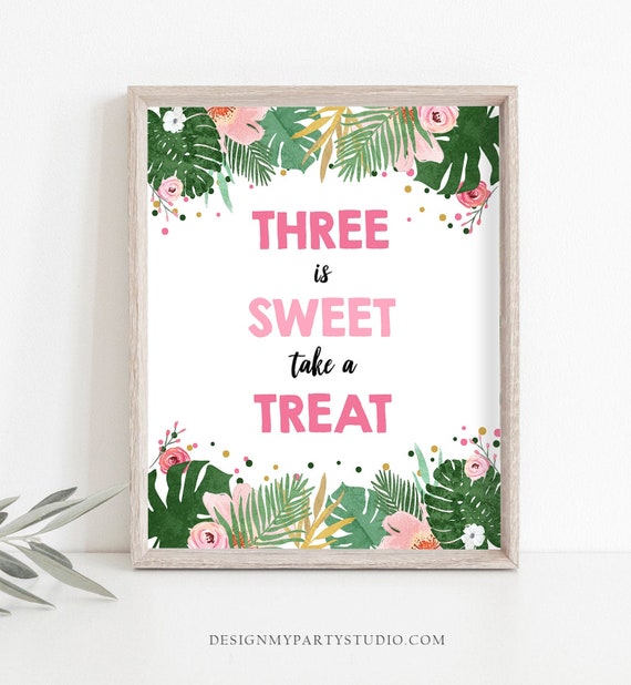 Three is Sweet Take a Treat Third Birthday Sign Girl Safari Animals Party 3rd Tropical Pink Gold Jungle Zoo Table Sign Decor Printable 0332 Il_570xn