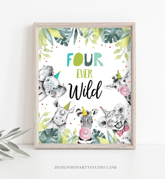 Four Ever Wild Birthday Sign Party Fourth Birthday 4th Safari Animals Party Animals Zoo Boy Blue Green Decor Instant Download Printable 0322 Il_570xn