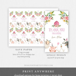 May include: Printable thank you tags featuring a pink barn, flowers, a pig, a sheep, a goose, and a cow. The text reads "Thank You for Coming Love. Elise". The tags are designed for easy home printing and come in a single design size of 2x3.5 inches for print shops.
