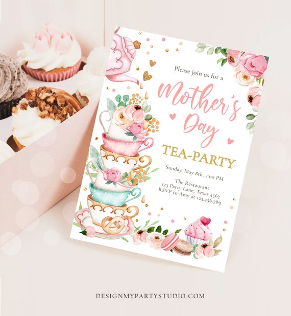 Editable Mothers Day Tea Party Invitation Tea Party Mother's Day Brunch Invite Mommy and Me Pink Floral Gold Digital Template Printable 0349