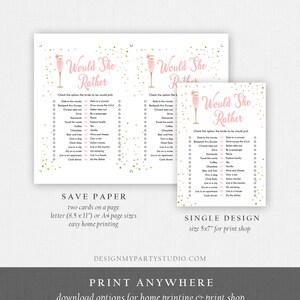 May include: A printable bridal shower game with a pink and gold design. The game is called "Would She Rather" and features a list of questions for guests to answer about the bride-to-be. The game is designed to be printed on 8.5 x 11 inch paper or A4 paper.