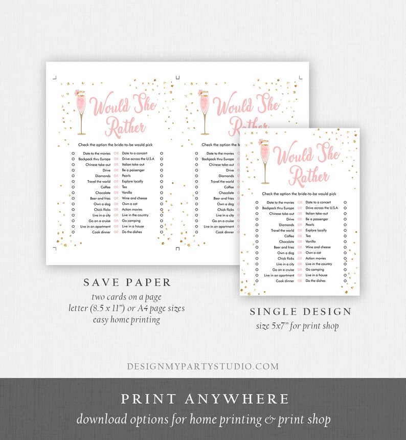 May include: A printable bridal shower game with a pink and gold design. The game is called "Would She Rather" and features a list of questions for guests to answer about the bride-to-be. The game is designed to be printed on 8.5 x 11 inch paper or A4 paper.