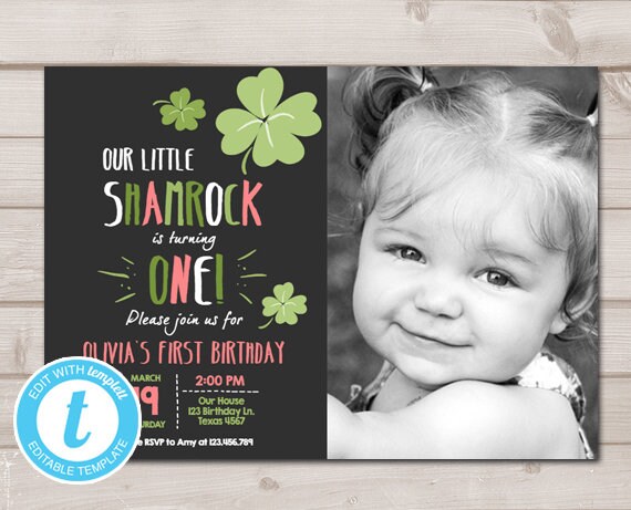 St. Patrick's Day Birthday Invitation Shamrock Invitation Shamrock Birthday Lucky One Printable Invitation Template Editable Digital 0115 Il_570xn