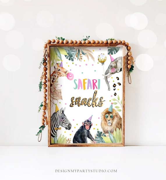 Safari Snacks Birthday Sign Table Decor Safari Birthday Wild One Animals Party Animals Girl Food Zoo Party Jungle Elephant PRINTABLE 0417 Il_570xn