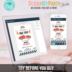 May include: A digital mockup of a red race car birthday invitation with the text "Growing up TWO FAST" and a checkered flag background. The invitation is for Jacob's 2nd birthday. The invitation is being edited on a computer screen and a mobile phone.