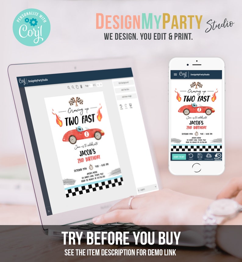 May include: A digital mockup of a red race car birthday invitation with the text "Growing up TWO FAST" and a checkered flag background. The invitation is for Jacob's 2nd birthday. The invitation is being edited on a computer screen and a mobile phone.