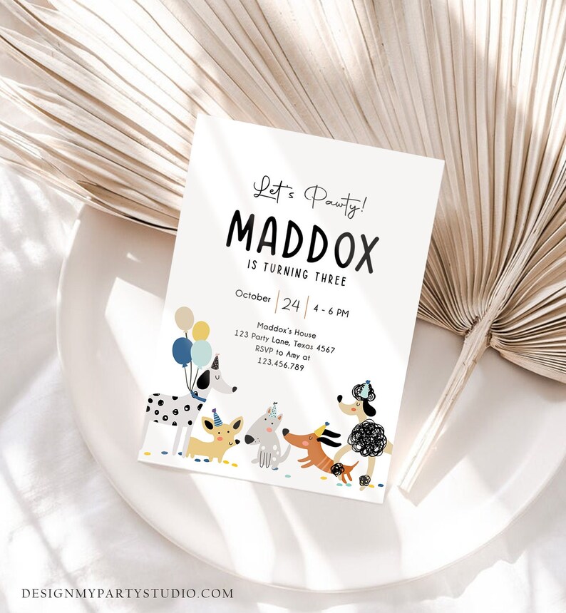 Editable Dog Birthday Party Invitation Puppy Birthday Boy Pawty Animals ...