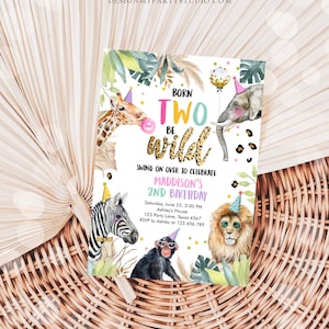 May include: A jungle-themed birthday invitation with a white background and colorful illustrations of animals. The text reads "Born Two Be Wild" with a leopard print design. The invitation includes details for Maddison's 2nd birthday party.