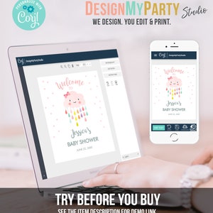 Puede incluir: Una plantilla de invitaci&oacute;n de baby shower personalizable con una nube de dibujos animados con un lazo rosa y gotas de lluvia de arco&iacute;ris. El texto dice "Bienvenido a la fiesta de bienvenida al beb&eacute; de Jessica el 22 de junio de 20XX".