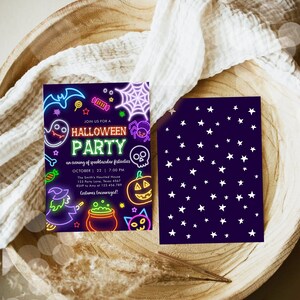 May include: Halloween party invitation with neon-style illustrations of a bat, ghost, spider, skull, witch, and pumpkin. The invitation includes the text "Join us for a Halloween Party" and event details. The back of the invitation has a dark blue background with white stars.