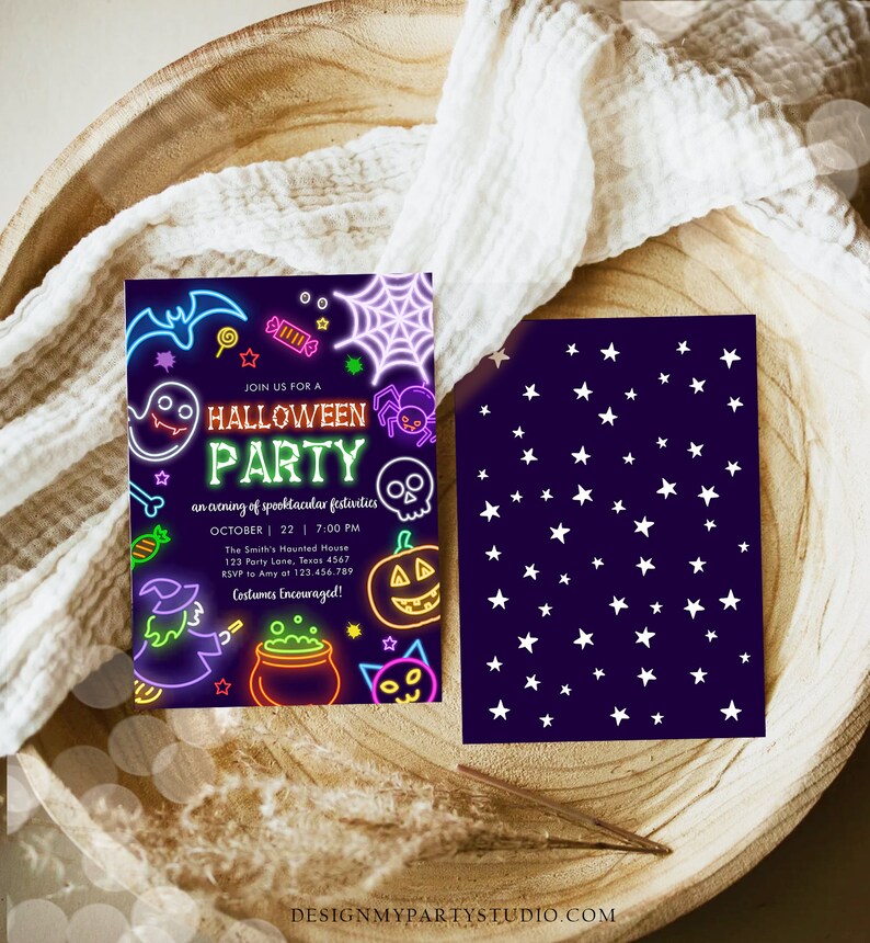 May include: Halloween party invitation with neon-style illustrations of a bat, ghost, spider, skull, witch, and pumpkin. The invitation includes the text "Join us for a Halloween Party" and event details. The back of the invitation has a dark blue background with white stars.