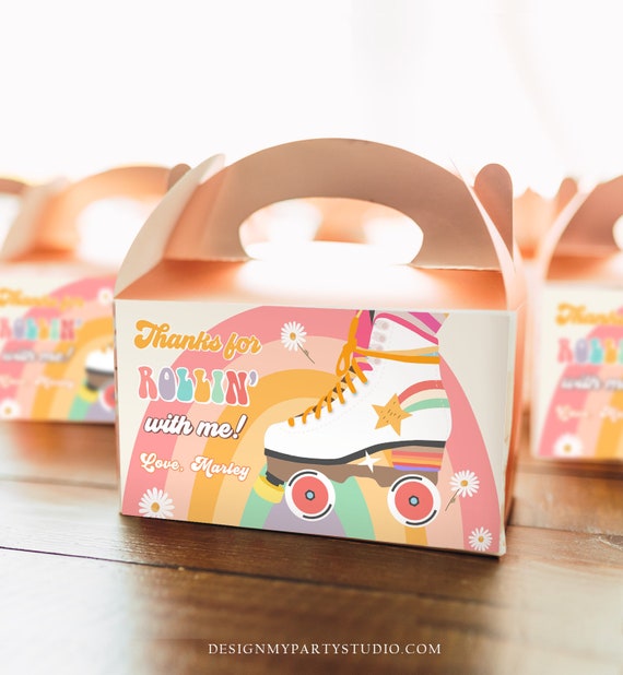 Editable Retro Skate Birthday Party Gable Box Favor Label 70's Gift Box