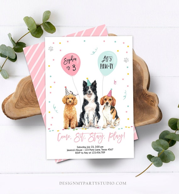 Editable Dog Birthday Party Invitation Puppy Birthday Invite Pink Girl