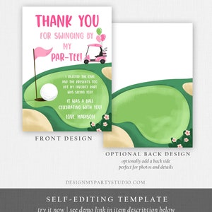May include: A pink golf-themed thank you card with the text "Thank You For Swinging By My Par-Tee!" The front design features a golf course illustration with a golf cart and a golf ball. The back design is blank.