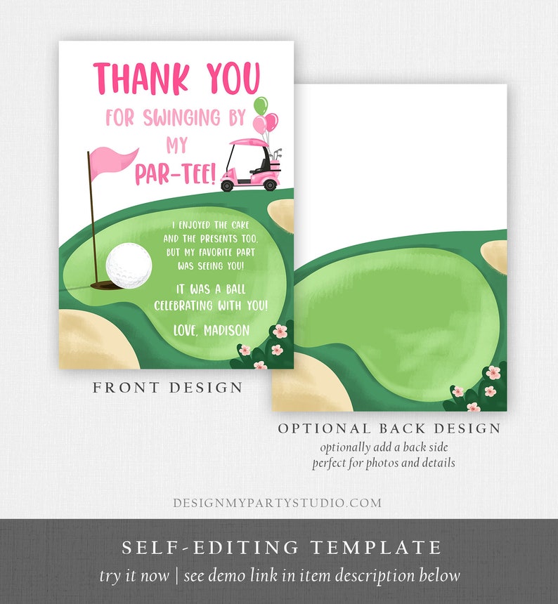 May include: A pink golf-themed thank you card with the text "Thank You For Swinging By My Par-Tee!" The front design features a golf course illustration with a golf cart and a golf ball. The back design is blank.