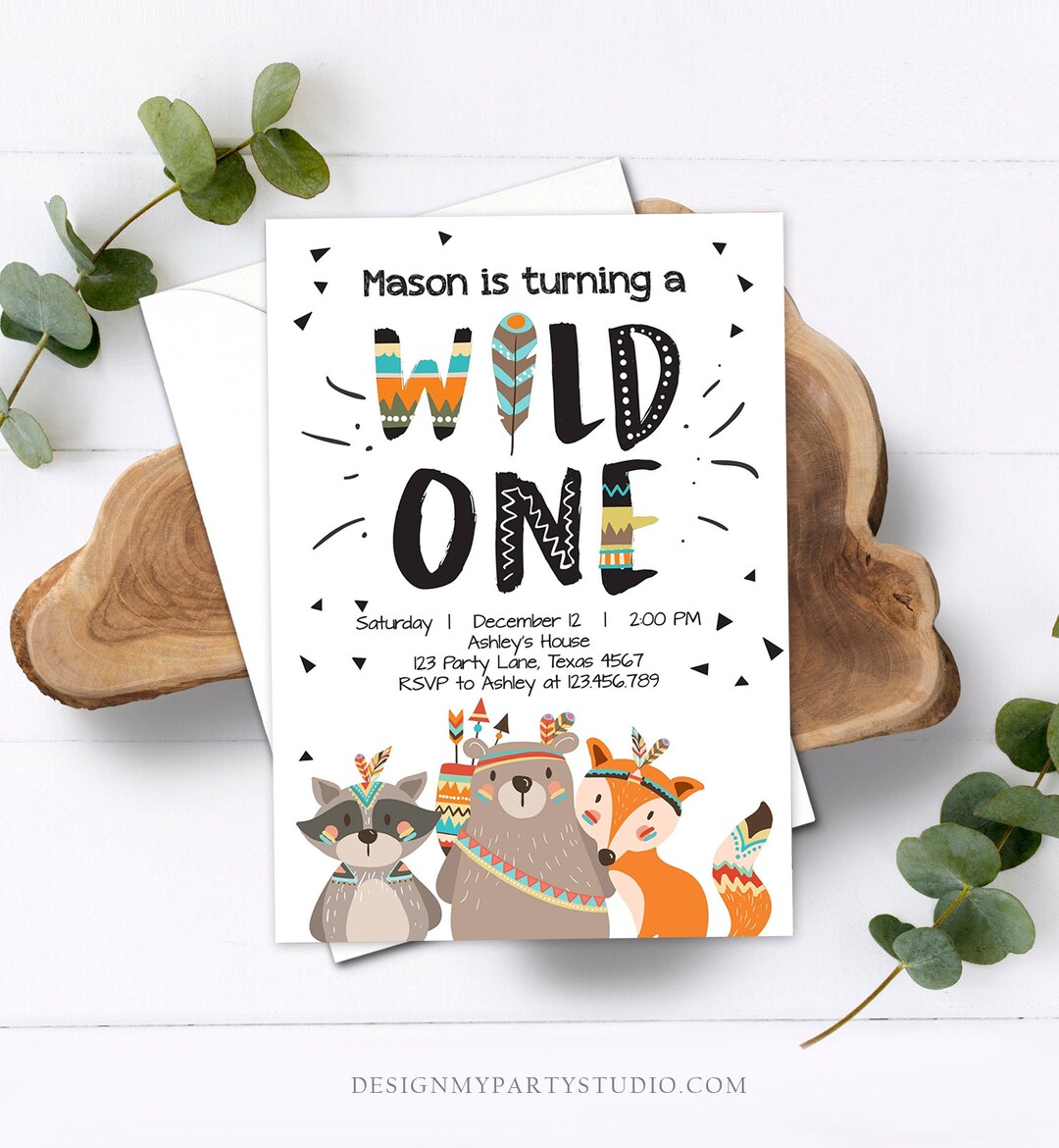 Editable Tribal Wild One Birthday Invitation Boho Woodland Animals Boy ...