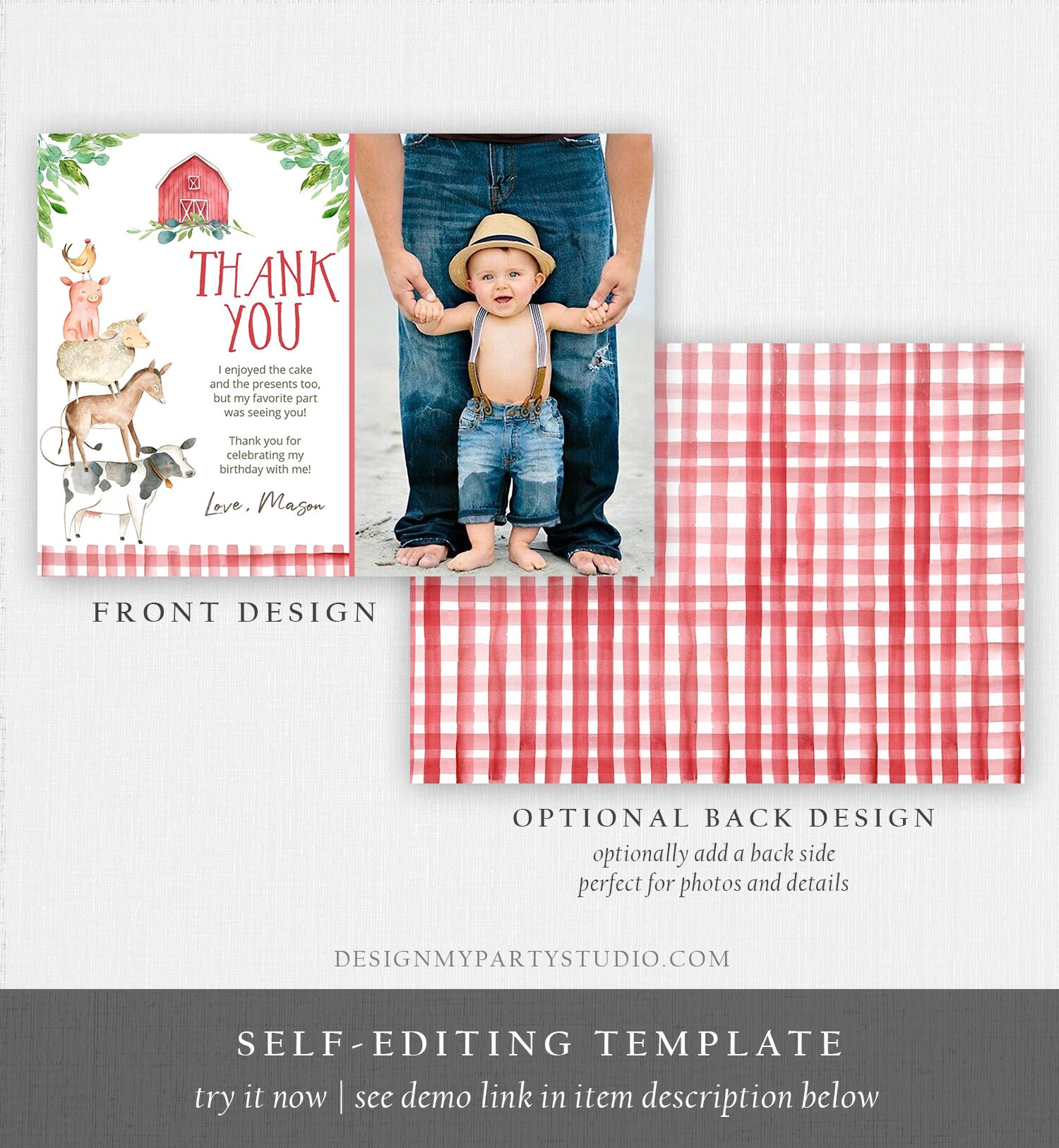 Editable Farm Animals Thank You Card Red Gingham Boy Farm Birthday ...