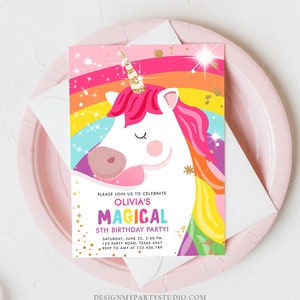 Editable Unicorn Birthday Invitation Magical Unicorn Party Girl Pink Gold Unicorn Invite Rainbow Printable Corjl Template Digital 0323 image 2