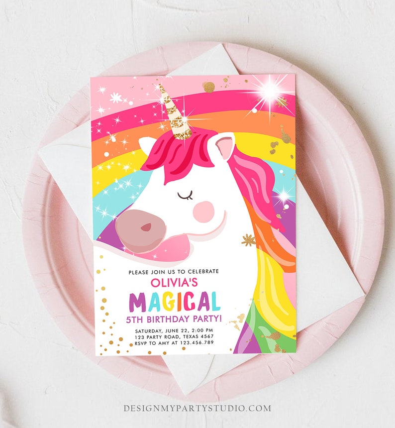 Editable Unicorn Birthday Invitation Magical Unicorn Party Girl Pink Gold Unicorn Invite Rainbow Printable Corjl Template Digital 0323 image 2