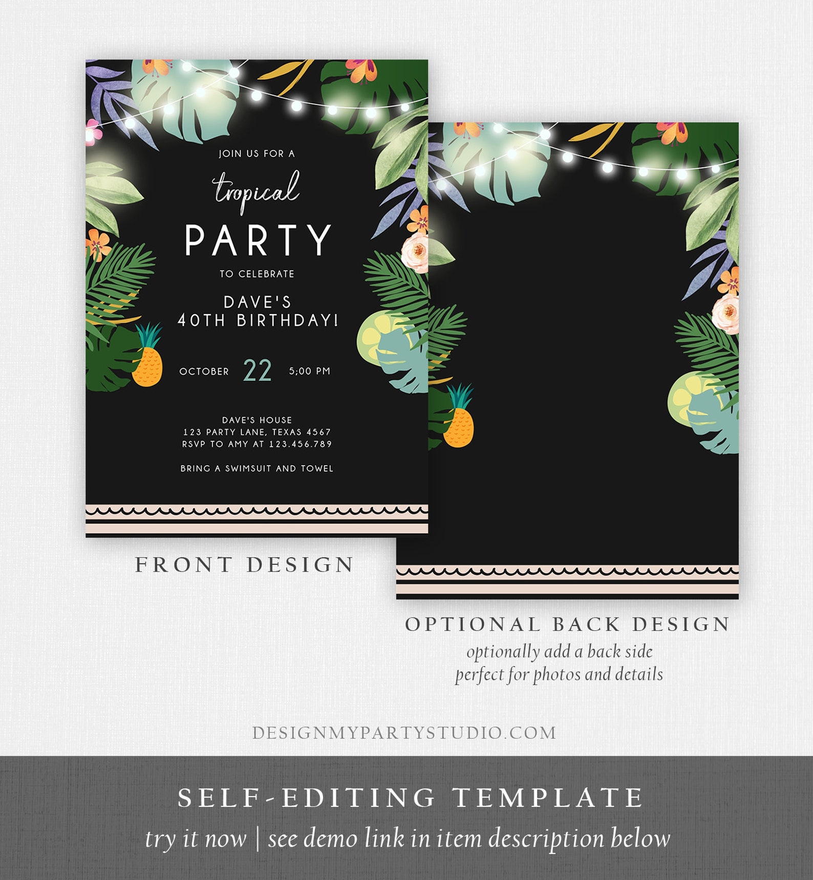 Editable Tropical Birthday Invitation Tropical Party Adult Etsy