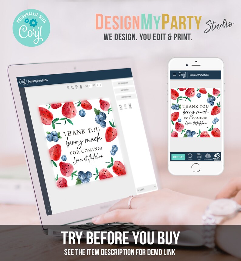 May include: A computer screen displaying a digital design template for a thank you card with a watercolour illustration of strawberries and blueberries. The text on the card reads "Thank you berry much for coming! Love, Madeline".