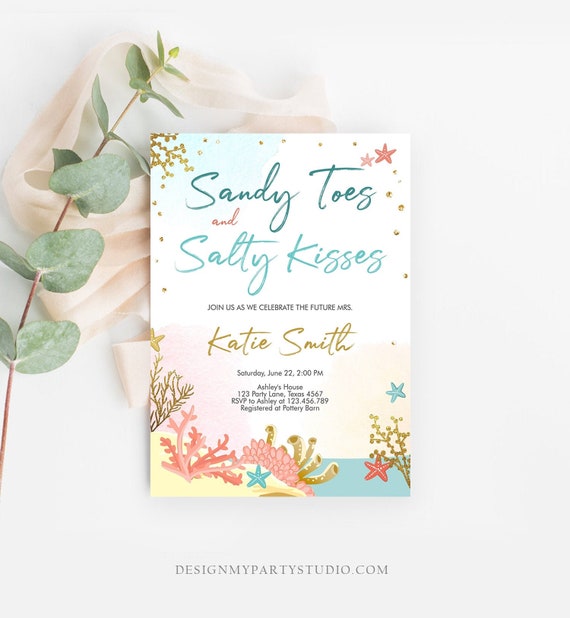 Editable Beach Theme Bridal Shower Invitation Sandy Toes and Salty Kisses Nautical Gold Coral Download Printable Template Corjl 0129 Il_570xn