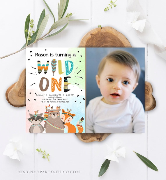 Editable Woodland Tribal Wild One First Birthday Invitation Boho